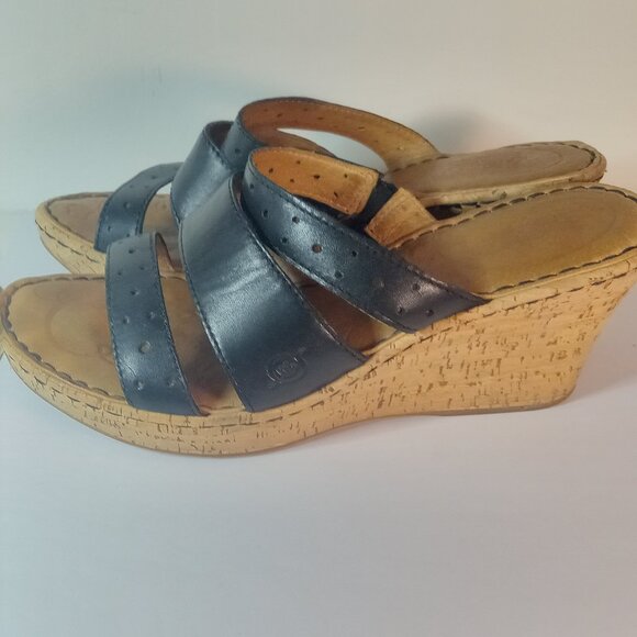 BORN Black Strappy Sandals Criss Cross Wedge Women Leather Shoes Size 8M - Picture 8 of 13